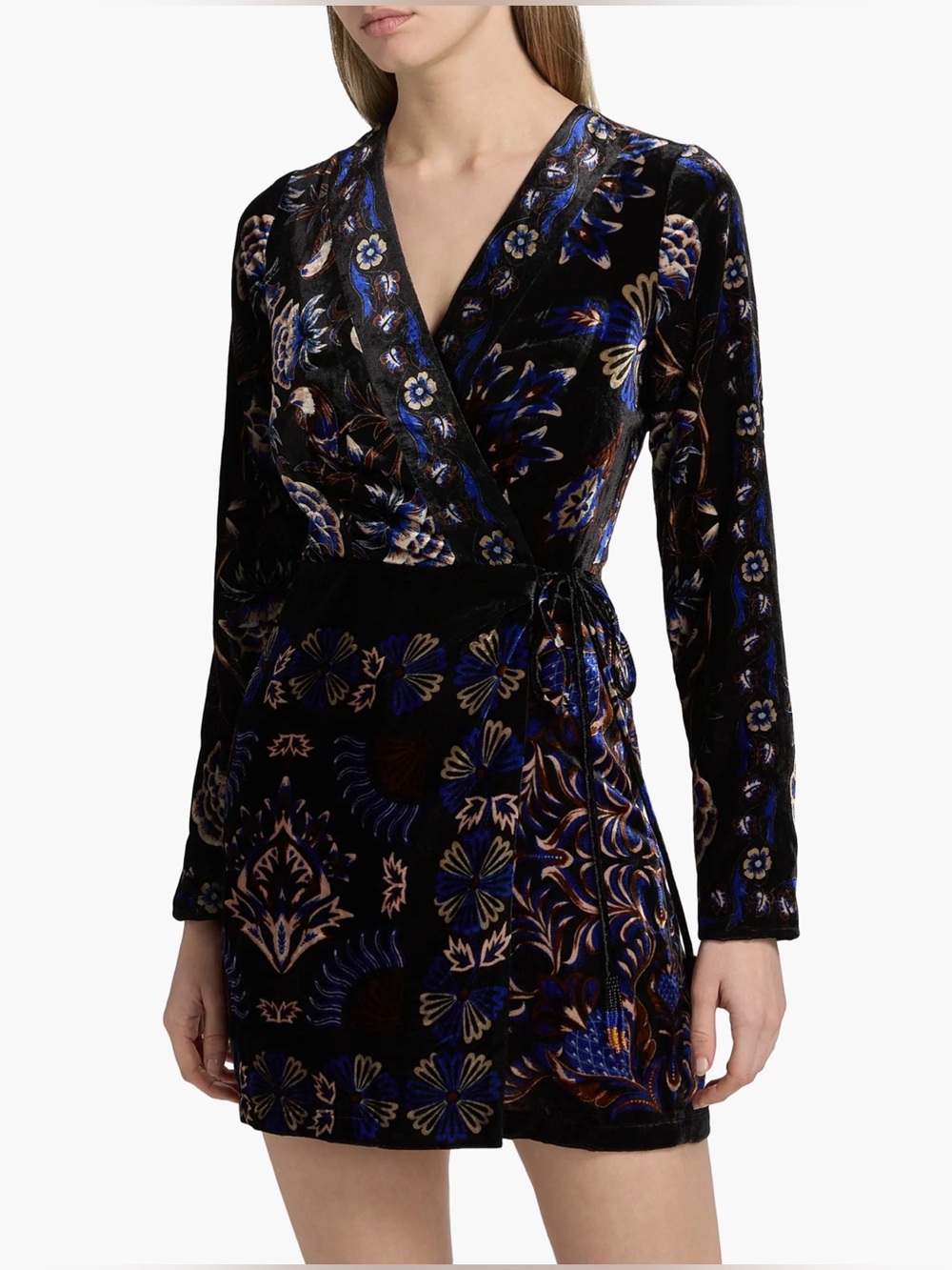 NWT Farm Rio Arabesque Wrap Mini Dress Black Blue Floral Velvet Size M